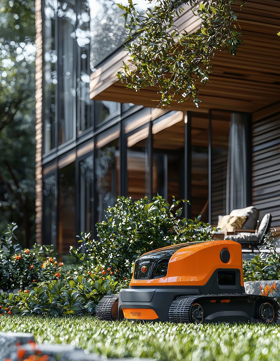 view-robot-tending-maintaining-gardens eA pruning robot trimming a shrub in the garden of a beautiful house. Realistic. Maximum quality and detail --ar 9:16 --quality 2 --style raw --stylize 300 --v 6.1 Job ID: d89557f1-25d7-4ce4-ab41-229e14c3222b
